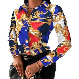 Women Button Down Shirts Colorful Long Sleeve Floral Print Loose Sexy T Shirt